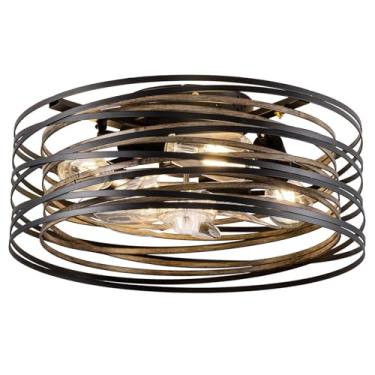 Imagem de Ventiladores de teto com gaiola de fazenda moderna com luzes e controle remoto, pequeno suporte nivelado, lustre de baixo perfil, ventilador de teto com luz, tambor redondo rústico preto e madeira