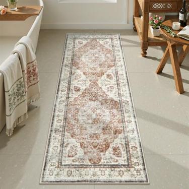 Imagem de Uphome Tapetes de banheiro, tapete de banheiro envelhecido boêmio laranja de fazenda, tapetes de banho longos antiderrapantes e laváveis, caminho de banheiro de veludo macio tradicional vintage para