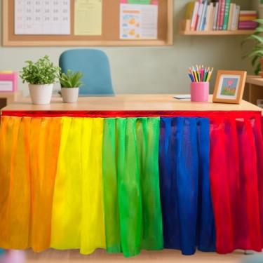 Imagem de 6 ft Teacher Desk Skirt Rainbow Table Skirt Cloths for Teacher Desk Ruffle Tutu Tulle Classroom Desk Skirt for Teacher Classroom Back to School Supplies