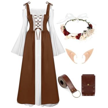 Imagem de Foaincore Vestido feminino renascentista fantasia de fada medieval com coroa de flores, cinto, bolsa e orelhas de elfo para o Dia das Bruxas, Marrom, G