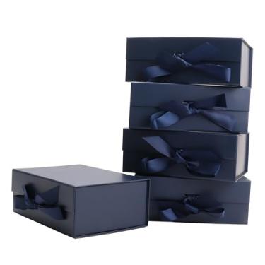 Imagem de MEIANJU Caixas de presente azul escuro 21 cm L x 16,5 cm x A 8,5 cm com fita magnética dobrável conjunto de 5 caixas magnéticas de acabamento brilhante para apresentações de luxo e propostas de