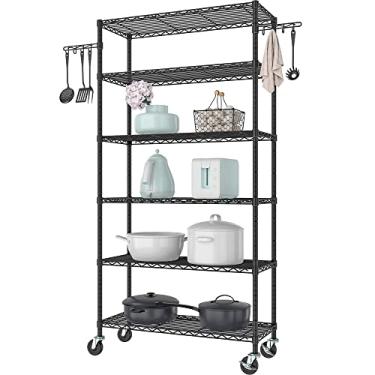 Imagem de Folews Rack de armazenamento de metal de 6 camadas com rodas, prateleira de arame ajustável resistente para garagem, cozinha, despensa, lavanderia, 91 cm L x 35 cm P x 190 cm A, grande prateleira