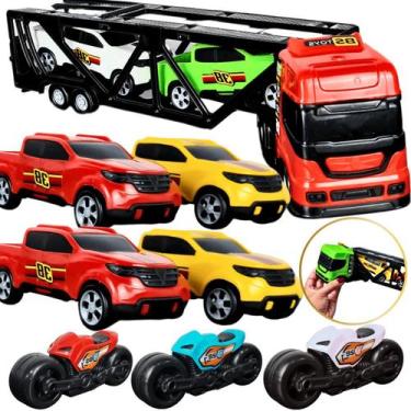 Imagem de Kit Carrinho Brinquedo Caminhão 8 Pçs Moto Cegonha Reboque Miniatura M