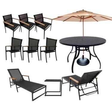 Imagem de Kit Moveis Piscina Jardim Completo, Mesa 1,40cm + 6 Cadeiras Externa + 2 Espreguiçadeiras Aluminio (Preto)