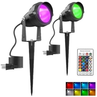 Imagem de Holofotes externos com temporizador, luzes coloridas de jardim branco quente 110V 12W LED paisagem luz IP65 à prova d'água com suporte pontiagudo para gramado casa bandeira caminho varanda (2 luzes)
