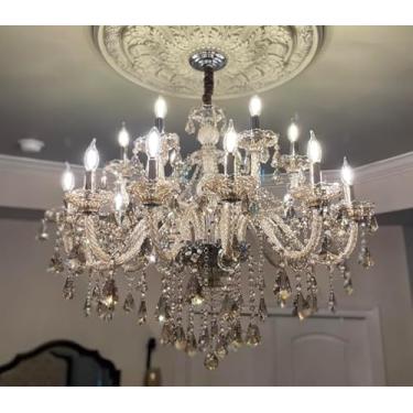 Imagem de ARRKOYAA Lustre de cristal de 18 luzes de conhaque, lustres para sala de jantar, quarto, sala de estar, lâmpada pendente de vela, iluminação de teto, 99 cm x 81 cm (cor: conhaque) com 18 peças de