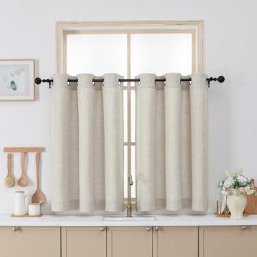 Imagem de Chyhomenyc Cortinas de 91 cm de comprimento, filtragem de luz de linho sintético texturizado, pequenas cortinas de janela de cozinha sobre a pia, cortina de café curta com ilhós para porão de banheiro