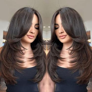 Imagem de Perucas de cabelo humano ombré marrom para mulheres em camadas com franja pré-arrancadas pré-branqueadas cabelo remy 12A para uso diário ou peruca de festa colorida 33 x 10 peruca frontal ombré cabelo