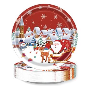 Imagem de Pratos de papel descartáveis de Natal, decorações de festa de sobremesa, Papai Noel, boneco de neve, estampa de alce, utensílios de jantar de Natal, servir 25 para jantar de Natal, sobremesa, 18 cm