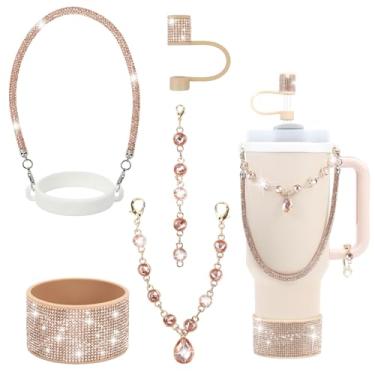 Imagem de Conjunto de acessórios para copo Stanley de strass, capa de canudo brilhante de 1 cm, alça de alça de garrafa, pingentes de glitter, bota de silicone, 850 a 1,134 g (champanhe, serve para copo Stanley