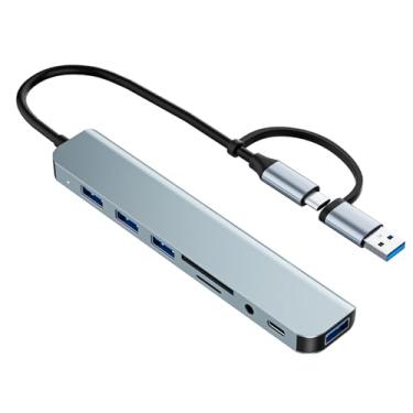 Imagem de Adaptador USB C Hub multiportas, hub USB 3.0 de alumínio 8 em 1, divisor USB com leitor de cartão SD/TF, 1 USB 3.0, 3 USB 2.0, 1 USB C e saída de áudio de 3,5 mm para MacBook Pro Air, iPad Pro, laptop