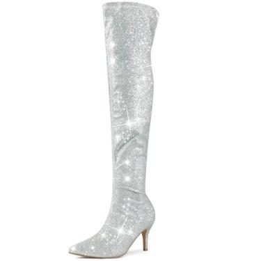 Imagem de Perphy Botas femininas de salto agulha acima do joelho com glitter na altura da coxa, Prata, 34