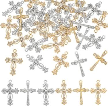 Imagem de NBEADS Pingentes de cruz de strass de liga de 6 estilos, pingentes de cruz de cristal e pérolas de cristal, pingentes de crucifixo de Páscoa para fazer joias, berloques, colar faça você mesmo, brincos