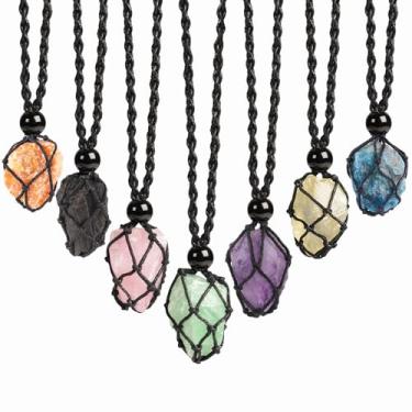 Imagem de LERSUSI Pingente de colar ajustável de corda de cristal natural não processado à mão para homens e mulheres, 30 in -76.2 in, Pedra, Labradorita Labradorita Fluorita verde