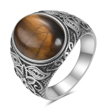 Imagem de LXBQYSTO Anel de casamento retrô grande com pedra olho de tigre turquesa para homens anéis de aço inoxidável gótico clássico (prata-café, 14)