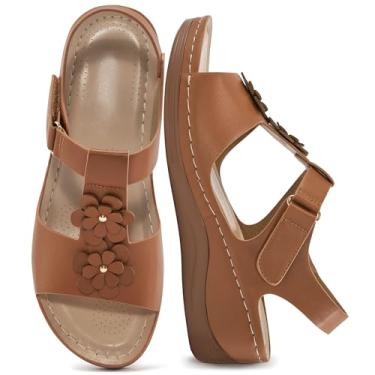 Imagem de Sandálias de plataforma femininas 2025: sandálias confortáveis de salto baixo elegantes de verão com tira no tornozelo para férias na praia, Marrom claro, 40