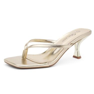 Imagem de Shoe Land Salto gatinho para mulheres | Chinelo de salto baixo | Chinelos de salto agulha de 6 cm | Sandálias elegantes de dedo aberto quadradas para o verão | 2025 na moda, Dourado, 35