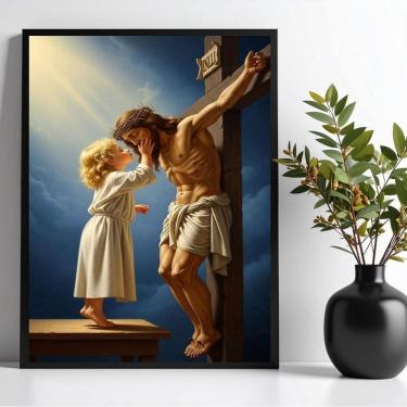Imagem de Quadro Criança Beijando Jesus Na Cruz 33X24Cm - Com Vidro