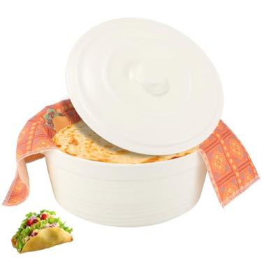 Imagem de Aquecedor de tortilha de porcelana com tampa – Servidor de tortilha de 21,6 cm, inclui pano de pão, recipiente de armazenamento durável para micro-ondas para panquecas, pão de milho, tacos e mais