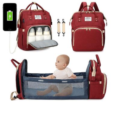 Imagem de Mochila Maternidade Vira Berço Bebê Usb Impermeável Trocador - Vinho