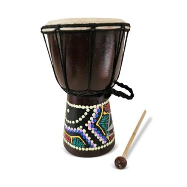 Imagem de Tambor Djembe de madeira esculpido à mão de 20 cm com batedor