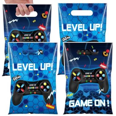 Imagem de Pajean 25 sacos de jogos, lembrancinhas de festa de videogame, doces, presentes, sacolas plásticas, com alça para crianças, meninos, jogos, artigos temáticos de festa de chá de bebê (azul)