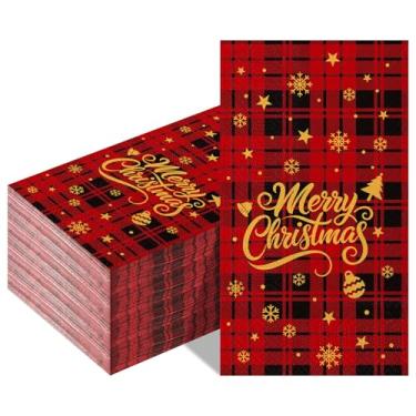 Imagem de Gueevin 100 guardanapos de papel xadrez de búfalo vermelho Feliz Natal guardanapos de coquetel descartáveis toalha de hóspede árvore de Natal guardanapo de alce para decoração de Natal cozinha mesa