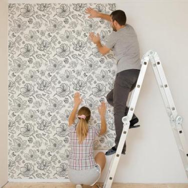 Imagem de ESSMOKO Papel de parede cinza e branco floral sala de estar quarto fundo parede decoração de casa adesivos de parede autoadesivo papel de parede autoadesivo comum tipo 45 * 600 cm