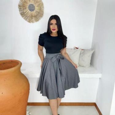 Imagem de Saia Midi Godê Moda Evangélica Feminina - Miss Flower, Cinza, M