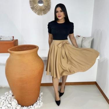 Imagem de Saia Midi Godê Moda Evangélica Feminina - Miss Flower, Bege, P