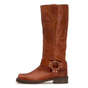 Imagem de ZJGZF Botas femininas de cano alto de couro com tachas de motociclista, bico quadrado, salto grosso, sem cadarço, botas largas de cano médio, sapatos de inverno bonitos e confortáveis, Marrom, 36