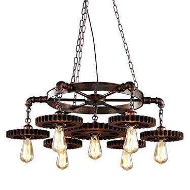 Imagem de Lustre de madeira industrial vintage com cúpula de vidro, luminária pendente com estrutura de gaiola de metal retrô de 4 cabeças para quarto, restaurante, bar, cafeteria, decoração de teto r