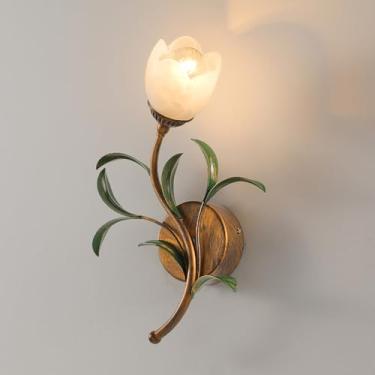 Imagem de Luminária de parede de arte francesa, arandela de parede com design vintage de galhos e folhas, abajur em cristal transparente/vidro fosco, decoração floral de meados do século, luminária de