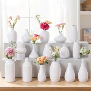 Imagem de Conjunto de 16 vasos pequenos de cerâmica branca, minivasos para flores e grama dos pampas, centros de mesa boho para festas/casamentos faça você mesmo/mesa de centro/decoração de balcão, quarto/sala