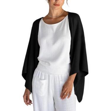 Imagem de Cardigan Bankeng feminino de linho, manga 3/4, frente aberta, preto