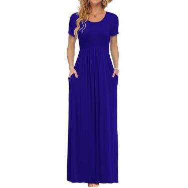 Imagem de Vestido longo AUSELILY feminino de manga curta solto azul liso M