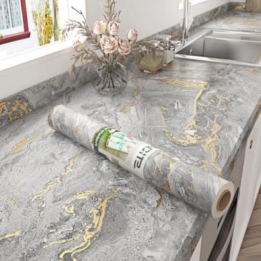 Imagem de STICKEEP Papel de contato de mármore cinza dourado à prova d'água, rolo de vinil de granito removível para bancadas, mesa de 45 x 800 cm