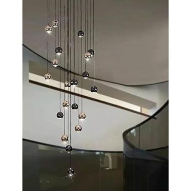 Imagem de KJMFDUJ Candelabro longo de escada, moderna minimalista villa duplex espaço bola de alumínio sala de estar sala de jantar luz nórdica luminária giratória de luxo (tamanho: 14 cabeças, cor: luz quente)