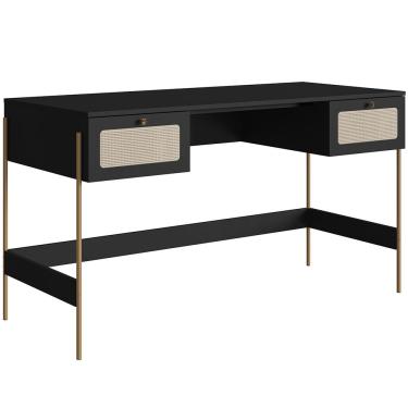 Imagem de Mesa Escrivaninha Home Office 2 Gavetas Industrial Indy A03 Nero Dourado - Lyam Decor
