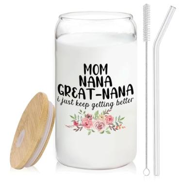 Imagem de BEHIFL Christmas Best Gifts For Grandmother Mom Nana Great Nana Copo de café de vidro com tampa e canudos 400 ml - Copo de vidro presentes de natal para avó