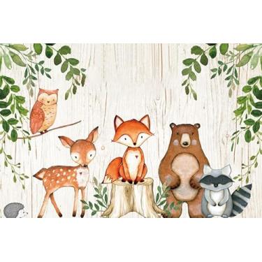 Imagem de ZJRBJB 2,1 x 1,5 m, cenário de desenho animado, safári, urso, floresta, coruja, veado, pássaro, fundo vintage de madeira, faixa de festa de aniversário para chá de bebê, fotografia de aniversário