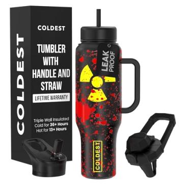 Imagem de Copo Coldest com alça e canudo, copo isolado 100% à prova de vazamento com tampa e canudo (3 tampas), copos de aço inoxidável para mulheres e homens, base compatível com porta-copos, 1,304 g