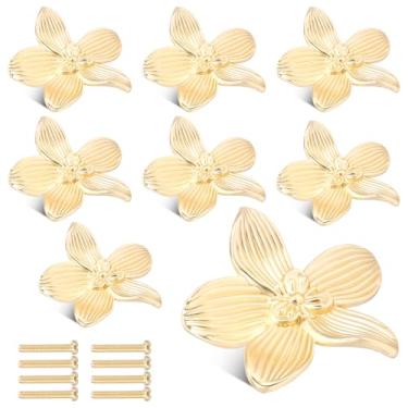 Imagem de 8 peças de puxadores de gaveta dourados, puxador criativo de pétala para armário, puxadores de decoração de móveis de liga de zinco para armário de quarto