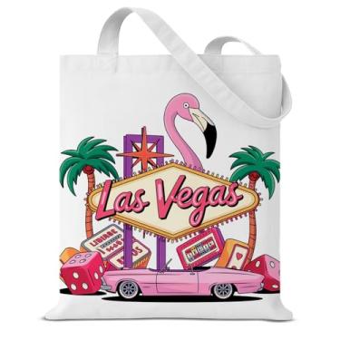 Imagem de Bolsa de lona Las Vegas City para mulheres, amantes de viagens, lembranças, presentes, reutilizável, mercearia, bolsa de ombro para viagens, férias, compras, Branco, Large