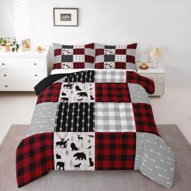 Imagem de Erosebridal Conjunto De Cama Xadrez Buffalo Para Meninos E Meninas, Edredom Woodland Moose Vintage Veado Urso, Plumas Rena Acolchoado Com Estampa Animais Fazenda, Vermelho, Preto Cinza