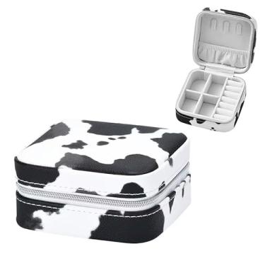 Imagem de Jinglong Caixa de joias de viagem com estampa de gado, organizador de joias compacto e adorável, adequado para anéis, colares e brincos, caixa de armazenamento portátil de joias (padrão de vaca preto