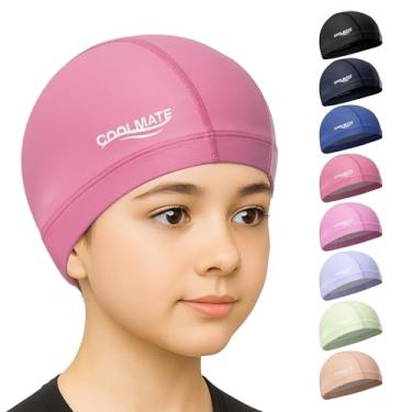 Imagem de COOLMATE Touca de natação de tecido para crianças 3 4 6 8 14 16, camada impermeável de silicone, touca de natação de tecido presentes para nadadores, leve e confortável para piscina, natação de colo