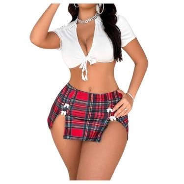 Imagem de WDIRARA Conjunto de 3 peças de lingerie xadrez feminina, tomara que caia, minissaia com tanga e conjunto de fantasia cosplay, Estampa vermelha, X-Large