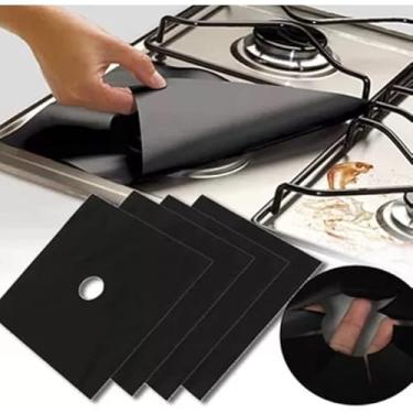 Imagem de Kit 4/6/8 Protetores Proteção Fogão Anti Aderente Reutilizável Laváveis Cozinha(Preto-4)