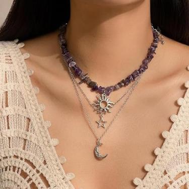 Imagem de Colar Boho em camadas, gargantilha em camadas, dourado, sol, lua, estrela, pingente, gargantilha, colar de pedra de cristal colorido para mulheres